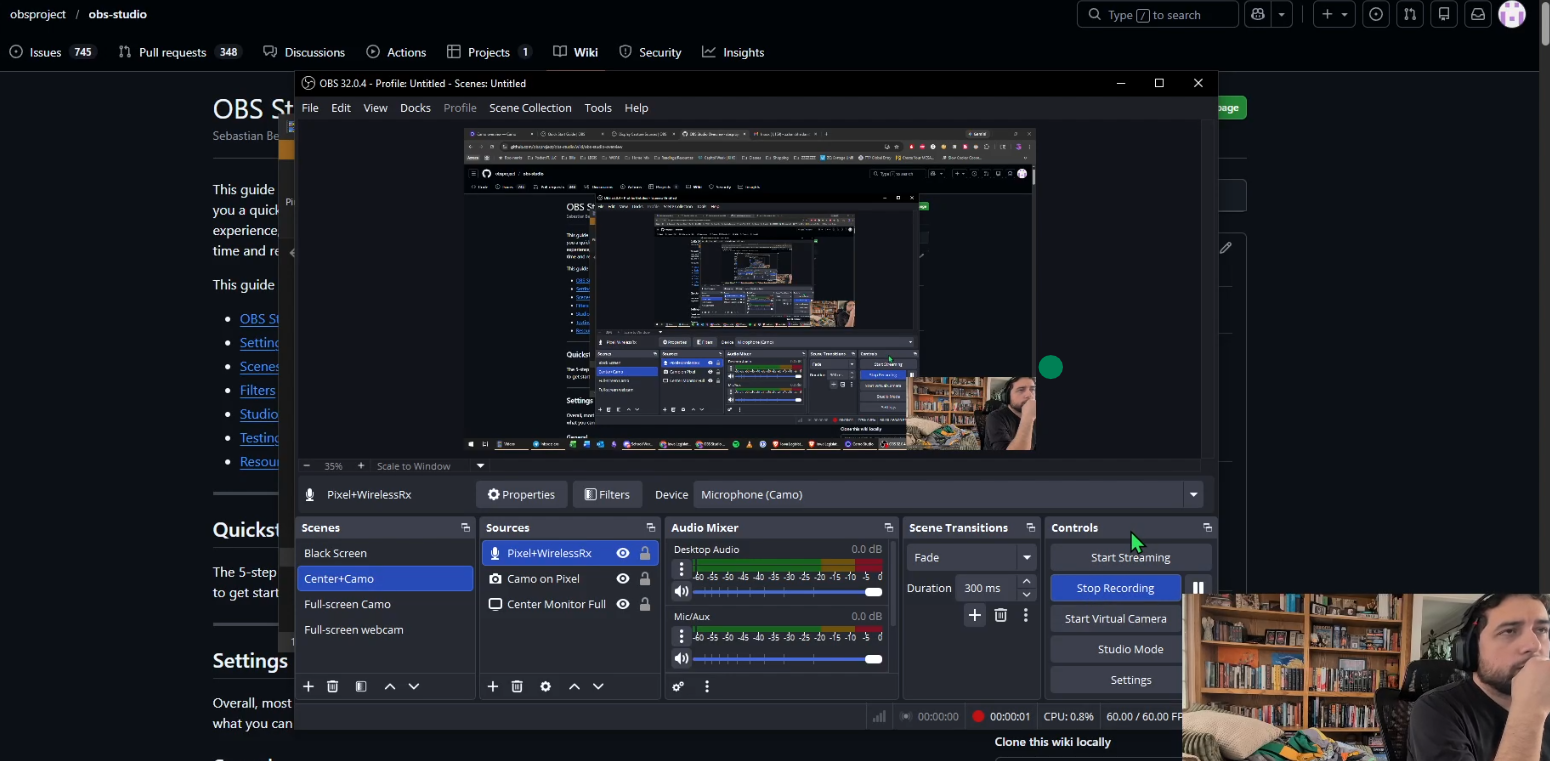 A desktop screen with OBS running, streaming itself